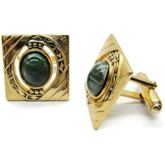 Anson Cufflinks Gold Tone Green Stone Tux Shirt Dress Suit Vintage - Picture 1 of 6